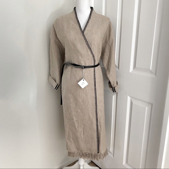Zara Woman Stripe Wrap Dress Coat Sz Med Belted Linen Fringe Hem Roll Up Sleeves - Picture 2 of 14